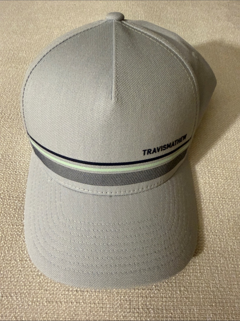 NWOT TravisMathew Light Gray Hat with Navy and Lime Stripe